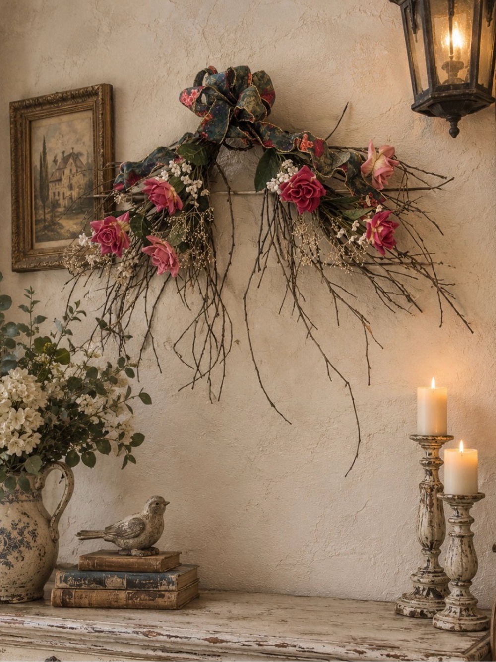 Romantic Pink Rose Twig Wall Swag by Home Accents Decor